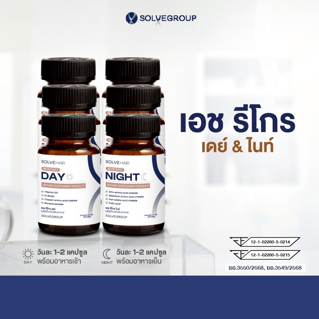 แพ็คสุดคุ้ม เอช รีโกร เดย์ และเอช รีโกร ไนท์ Solvehair Day&Night วิตามินผมหนา