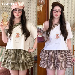 LindaaPlus-- ชุดเซ็ต 𝑷𝒐𝒄𝒌𝒚 🥤🍃 เสื้อปาดไหล่ +กระโปรงสั้นแต่งชั้น ดีเทลเสื้อทรงปาดไหล่แต่งลายสก๊อต สกรีนน้องหมาที่อก