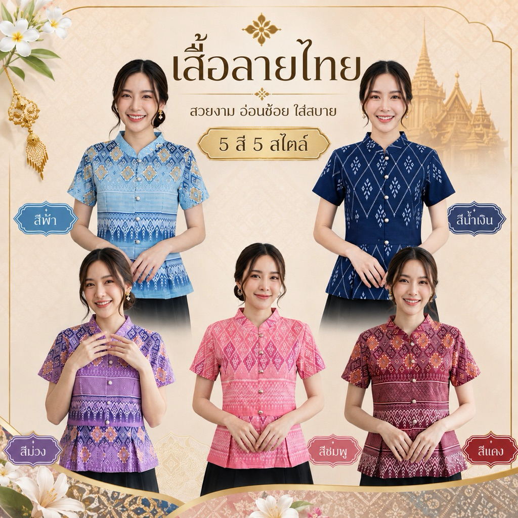 เสื้อผ้าฝ้ายผู้หญิง พิมพ์ลายไทย คอจีนแต่งชายระบาย ทรงสวย ผ้าดีใส่สบาย