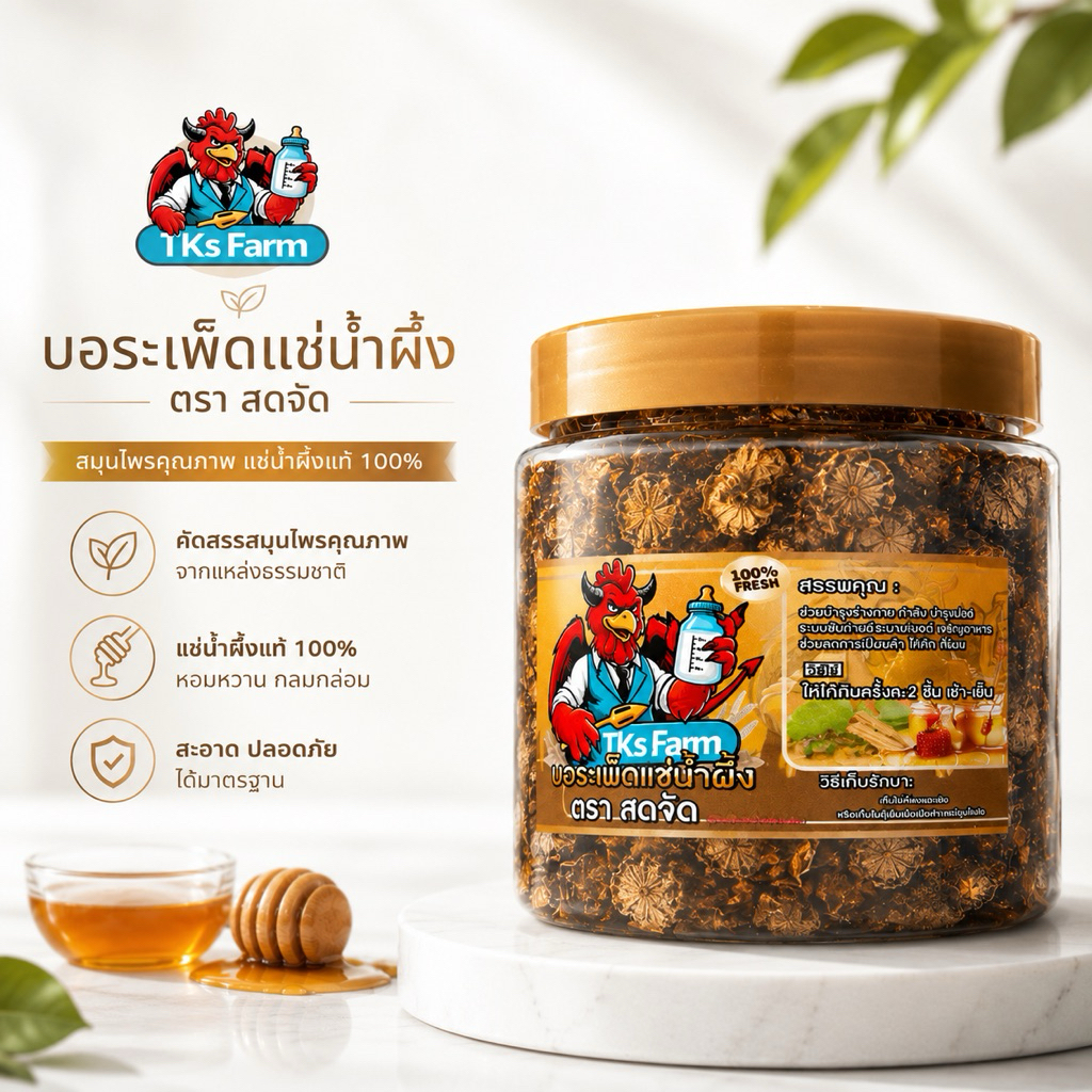 บอระเพ็ดแห้งแช่น้ำผึ้ง สดจัด สูตรธรรมชาติ สำหรับไก่ชน