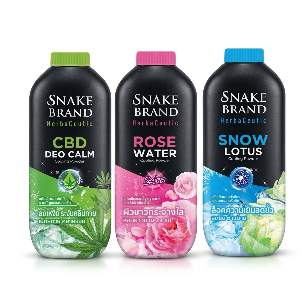 Snake Brand Herbaceutic แป้งเย็น 3 กลิ่น ดีโอ คาล์ม, โรส วอเตอร์, สโนว์ โลตัส ขนาด 250 กรัม.*1กระป๋อง