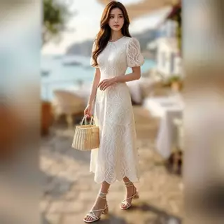 เดรสขาว เดรสดำ ผ้าลูกไม้เนื้อนิ่ม แขนบอลลูนเล็กๆ ช่วงตัวแต่งด้วยลูกไม้สวยงาม OR21935