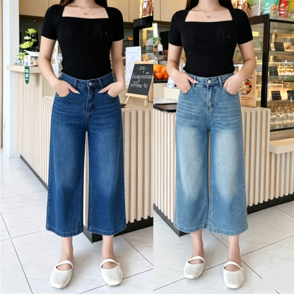 GHAOHES กางเกงยีนส์8ส่วนเรียบง่ายจับคู่ง่าย ทรงกระบอกหลวม ใส่สบาย ปกปิดต้นขาได้ดี #6690