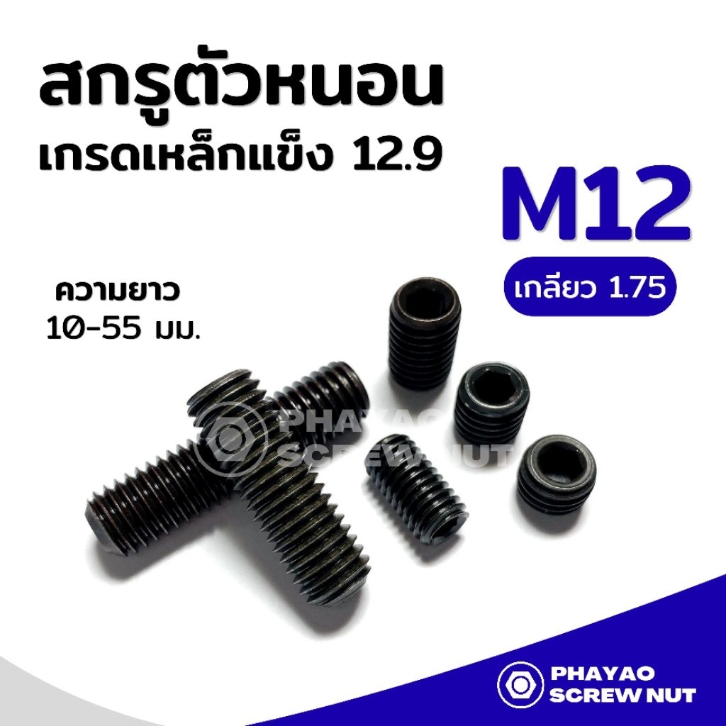 สกรูตัวหนอนดำ (เหล็กแข็ง 12.9) M12 เกลียว1.75 ความยาว 10-55 mm. (แพ็ค 2,5 ตัว)