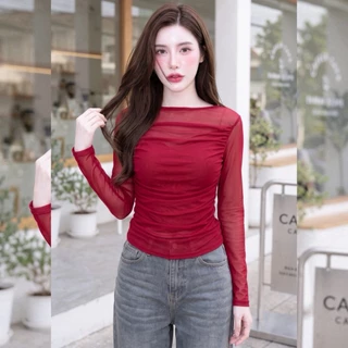 สินค้าพร้อมส่ง เสื้อแฟชั่น ผ้าซีทรูพรีเมี่ยม แขนยาว แต่งเลเยอร์จับจีบข้าง ทรงสวยรัดรูป ใส่สบาย ดีไซส์สวย เรียบหรู