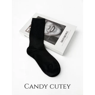 CandyCutey ถุงเท้าเกี่ยวน่องสไตล์เกาหลี ลายทางตั้งช่วยปรับขาเรียว ผ้านุ่มสบาย ดูดซับเหงื่อ ระบายอากาศได้ดี เข้ากับทุกชุด