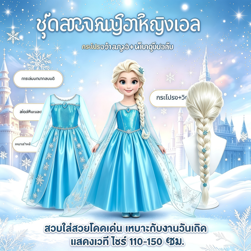 ชุดเอลซ่าเด็ก คอสเพลย์เด็ก ชุดเจ้าหญิง ชุดเจ้าหญิงหิมะเด็กที่ใน เหมาะสำหรับการอ้างอิงงานวันเกิดการแสดงบนเวที ผ้าคุณภาพสู