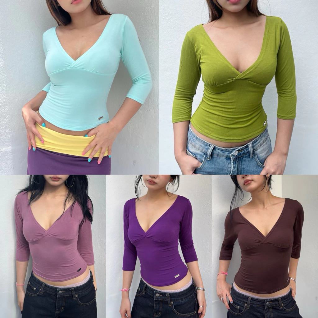 Buarchom—(BCM005) Roxie half sleeve เสื้อยืดแขนครึ่งศอก เสื้อคอวี แขน3ส่วน ผ้านุ่ม ใส่สบาย ผ้าเรย่อน ยืดได้เยอะ
