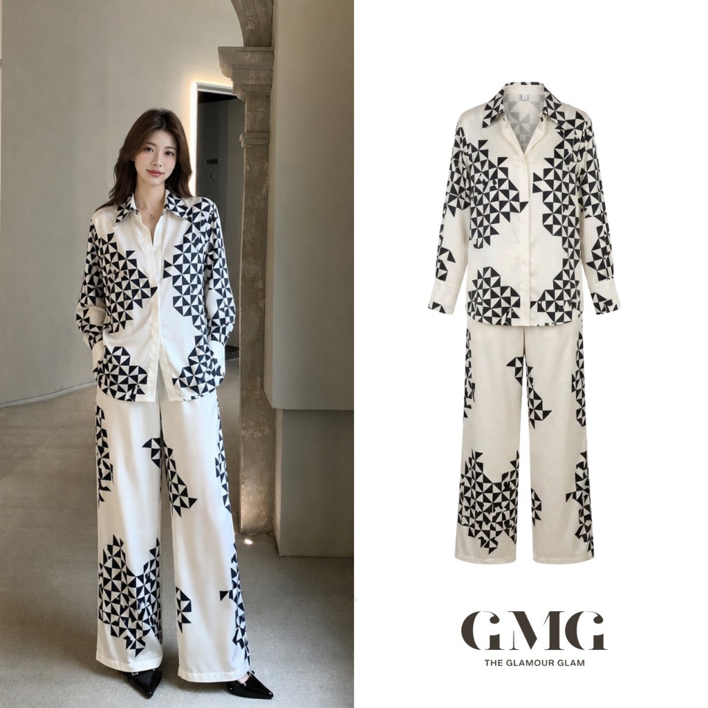 ชุดเซ็ท (เสื้อ+กางเกงขายาว) สีครีม ทรง Oversized ผ้าซาติน สไตล์ Pajama Chic พิมพ์กราฟิกสามเหลี่ยม (Monaco Mirage)