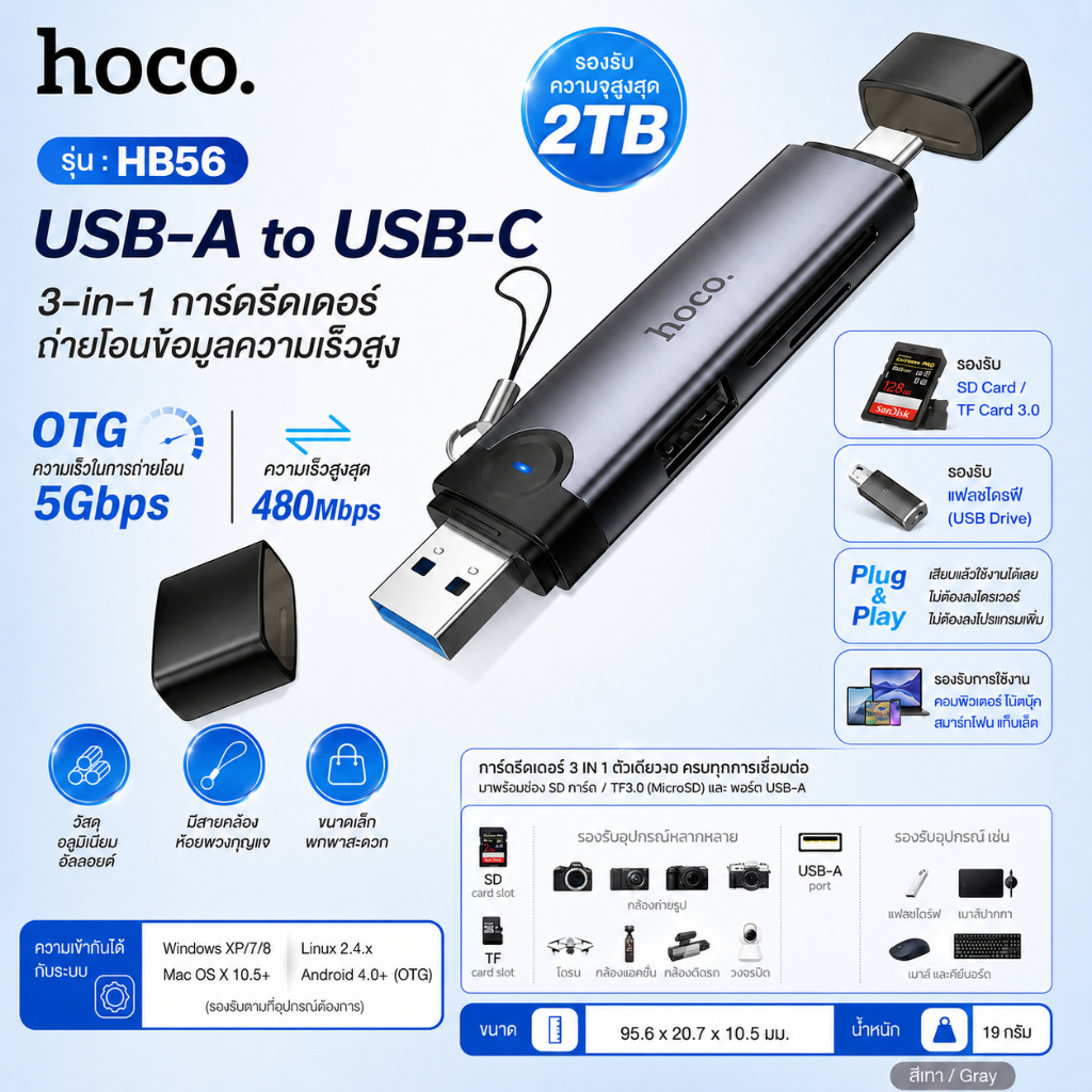HOCO HB56 การ์ดรีดเดอร์ 2in1 OTG 5Gbps สำหรับType-C / USB รองรับ TF card, SD card, USB Flash drive