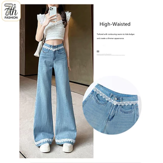 S-5XL กางเกงยีนส์ทรง Straight สีฟ้าอ่อนเอวสูงสำหรับผู้หญิง ลายลูกไม้ รุ่นเกาหลี ทันสมัย ใส่ได้หลายสไตล์