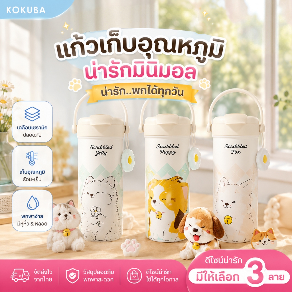 KOKUBA (18.6OZ/550ml) แก้วเก็บความเย็นเคลือบเซรามิก ลายการ์ตูน ความจุขนาดใหญ่น่ารัก แก้วเดินทาง ขวดน้ำ