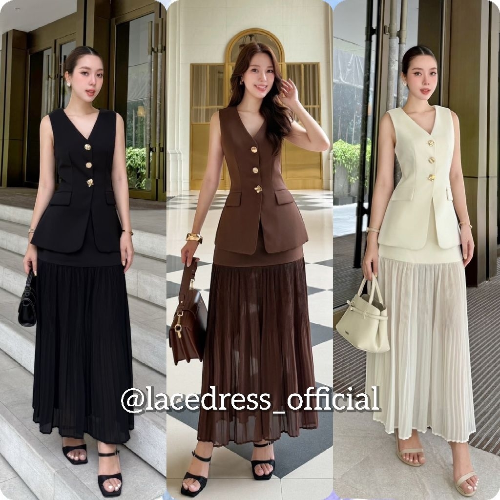 Adora ชุดเซ็ตเสื้อคอวีกระดุมหน้า+กระโปรงยาว