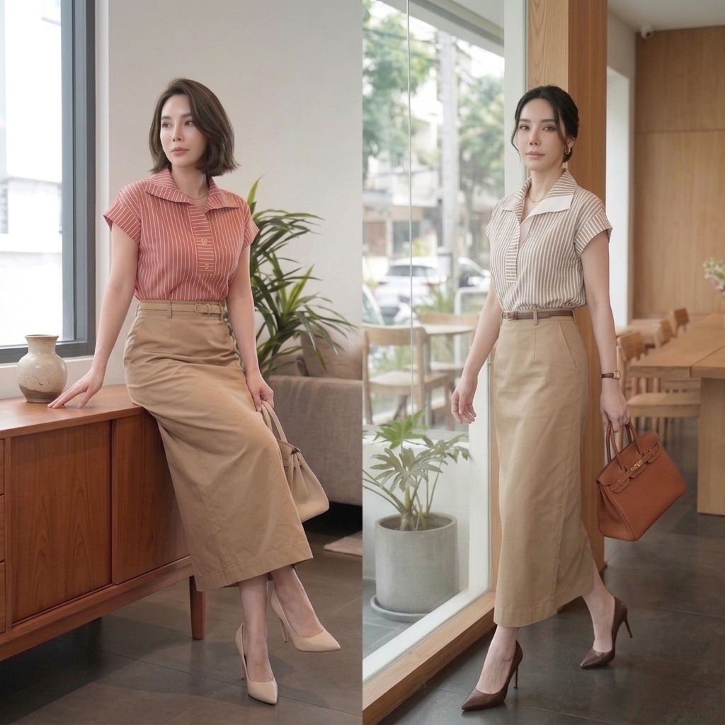 CT888 (เฉพาะเสื้อ) เสื้อเชิ้ตคอปกแฟชั่นผู้หญิง ลายริ้วสุดคลาสสิก