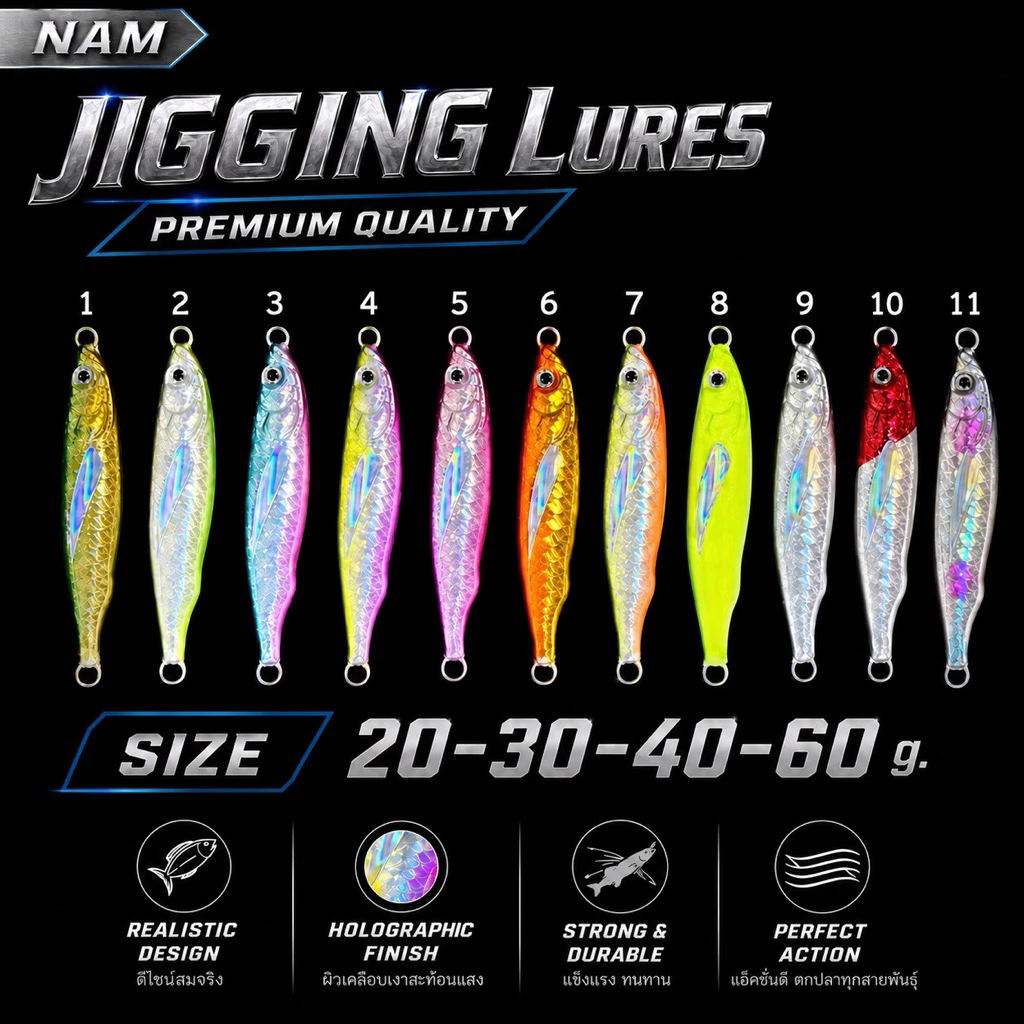 เหยื่อจิ๊ก Nam jigging lures. เหยื่อลงน้ำเร็ว ใช้ได้ผลดีเยี่ยม ขนาด 20-30-40-60กรัม มีสต้อค พร้อมส่ง