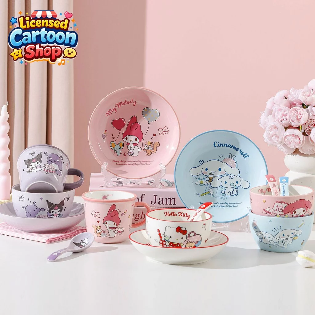 【ของแท้】Sanrio จานเซรามิก / ชาม / ช้อน รุ่นมิตรภาพ Kuromi Hello Kitty My Melody Cinnamoroll ใช้ไมโครเวฟอุ่นอาหารได้