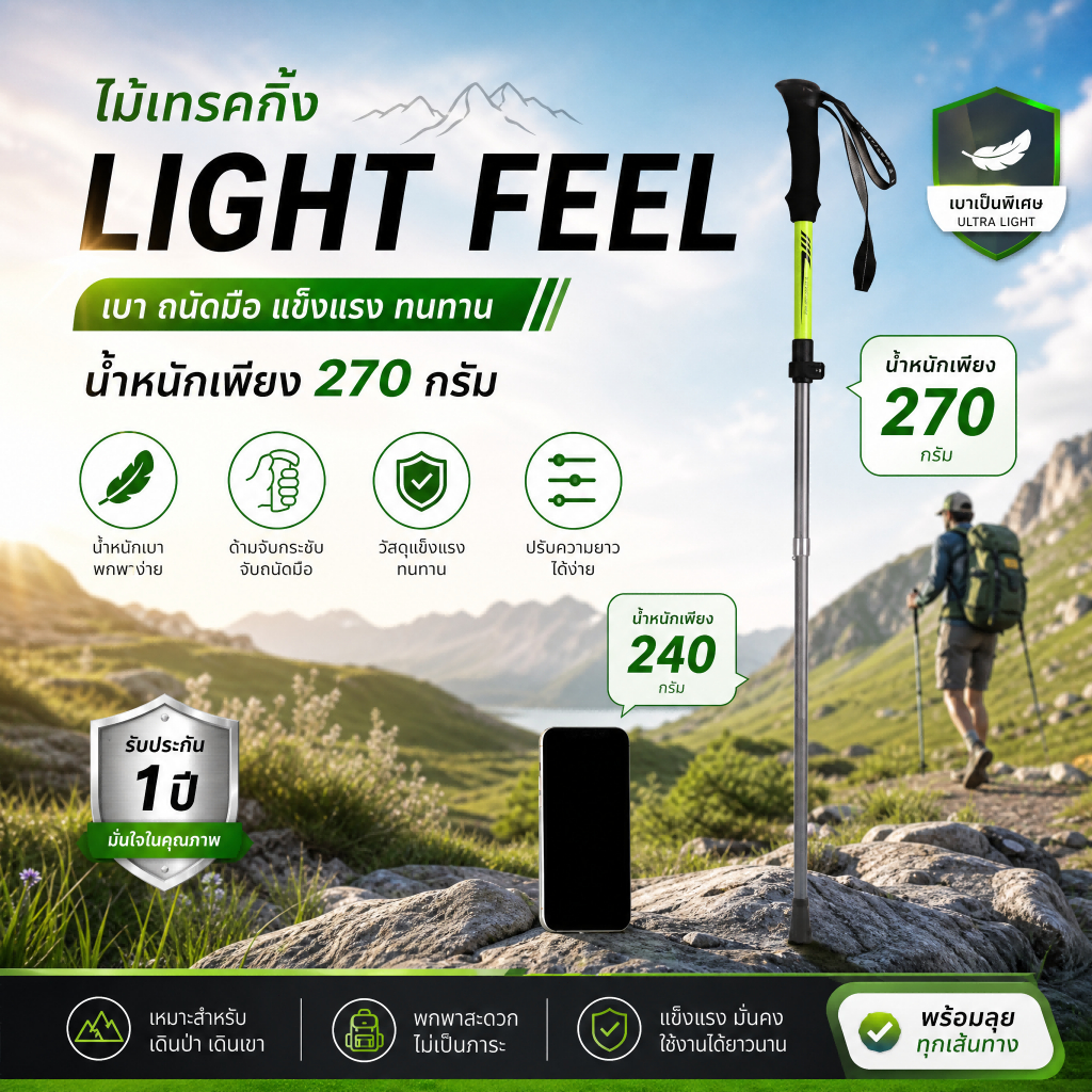 ไม้เท้าเดินป่า Trekking Pole พับได้ ปรับความยาวได้ สำหรับผู้หญิง ผู้ชาย เด็ก กันลื่น ปีนเขา Hiking Walking Stick Outdoor