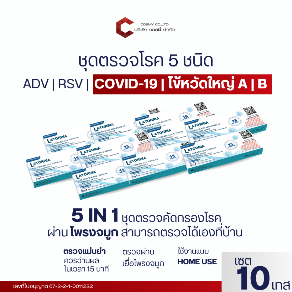 ชุดตรวจ Latorria 5 in 1 ตรวจหาCovid-19 ไข้หวัดใหญ่ FluA+B RSV+ADV ตรวจง่าย รับรู้ผลไวได้มาตรฐาน [เซ็ค 10,20,50]