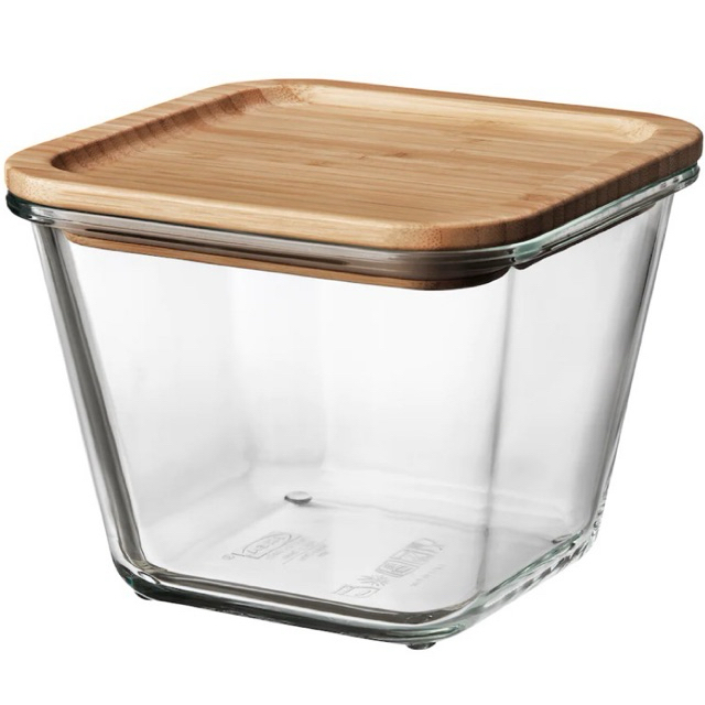 IKEA 365+ อิเกีย 365+ กล่องเก็บอาหารพร้อมฝาปิด, สี่เหลี่ยมจัตุรัส แก้ว/ไม้ไผ่, 1.2 ลิตร