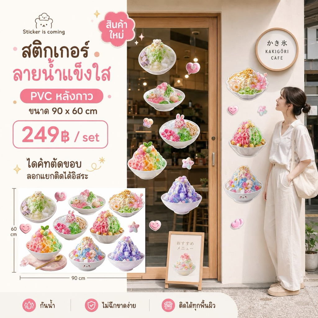 สติกเกอร์ลายบิงซู-น้ำแข็งใส (ตกแต่งร้านคาเฟ่/ร้านบิงซู/ของหวาน) แบบชิ้นขนาด S,M,L ไดคัทคัดขอบ แกะแยกติดได้อิสระ