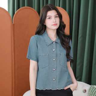 Glucoat | [T987] เสื้อยีนส์สีฟอกคอปกชายหยัก กระดุมหัวใจ แต่งกระเป๋าสองข้าง ผ้านิ่ม ใส่สบาย
