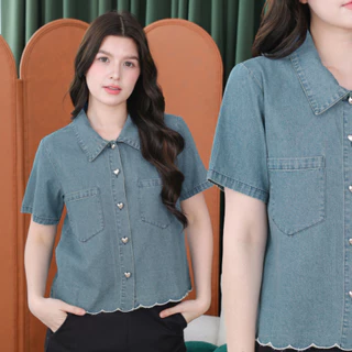 Glucoat | [T987] เสื้อยีนส์สีฟอกคอปกชายหยัก กระดุมหัวใจ แต่งกระเป๋าสองข้าง ผ้านิ่ม ใส่สบาย