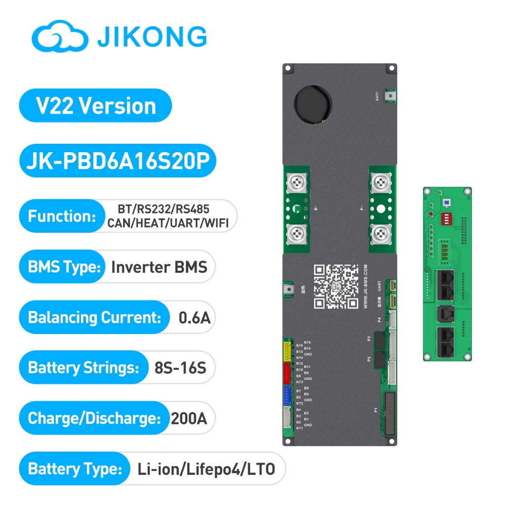 JIKONG Inverter BMS 0.6A 8S-16S 24-48V 200A Active Balance Li-ion LiFePO₄ LTO บอร์ดป้องกันแบตเตอรี่ลิเธียม V22 Version