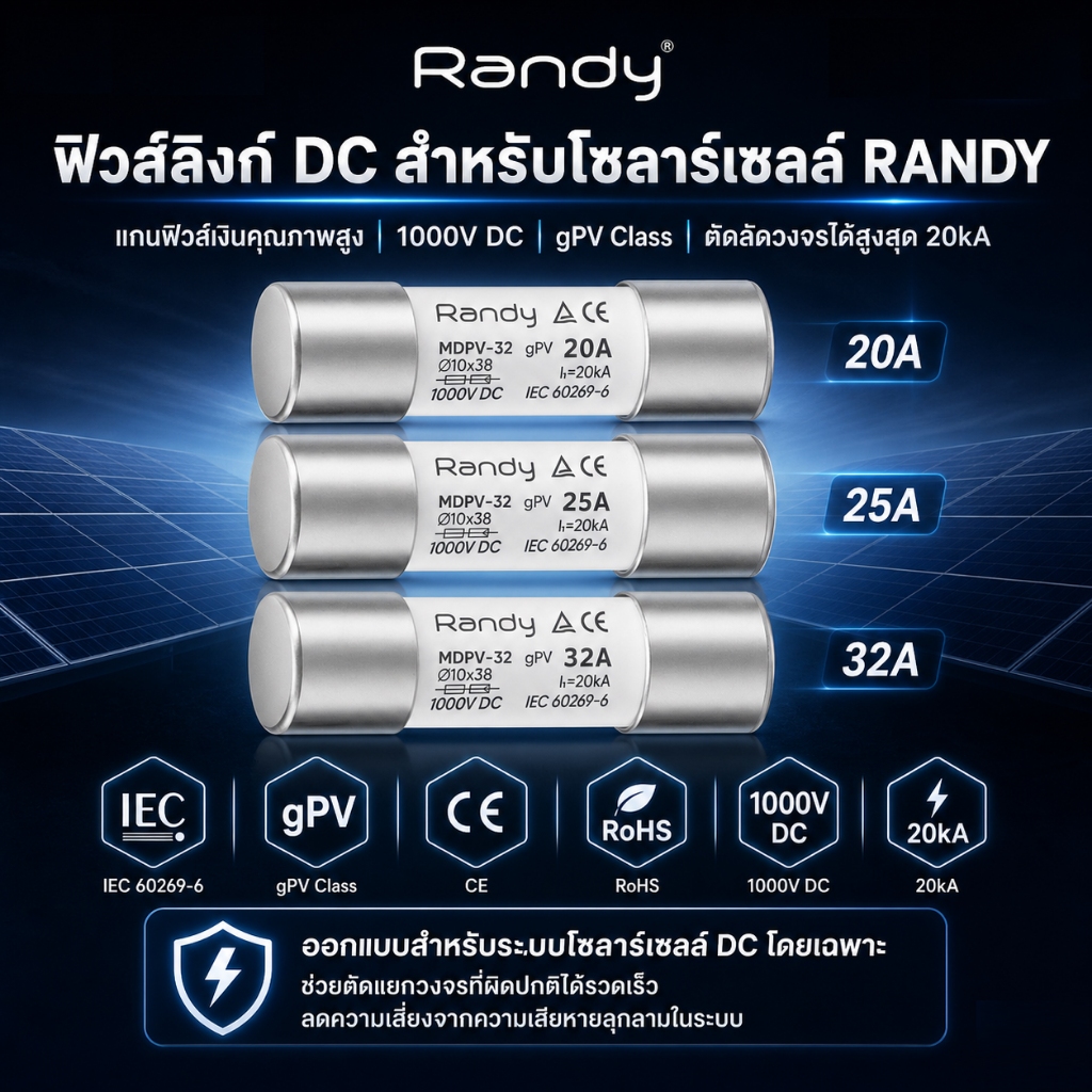 Randy DC Fuse ฟิวส์ลิงก์ สำหรับโซลาร์เซลล์ ขนาดกระแสไฟ 20A / 25A / 32A ลูกฟิวส์กระแสตรง (DC) คุณภาพสูง