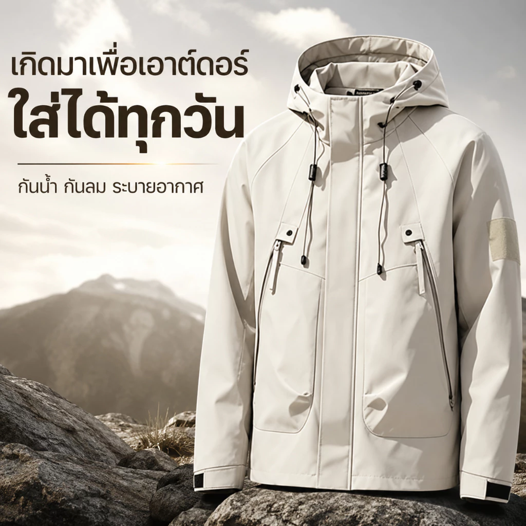 เสื้อกันลมกันฝนผู้ชาย มีฮู้ด ผ้าเทคโนโลยี ระบายอากาศ สีครีม/น้ำตาล/ดำ