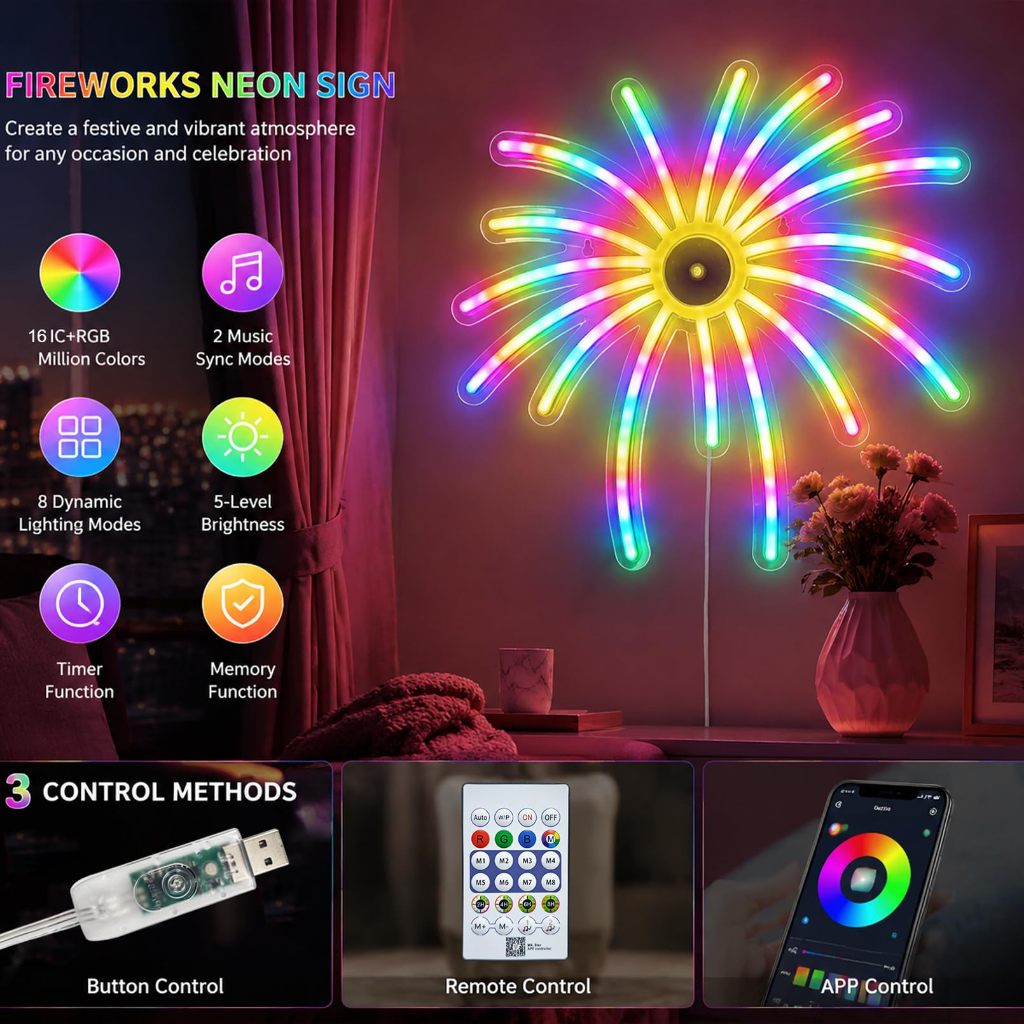 Qimedo ป้ายไฟนีออน RGB รูปพลุ ปรับความสว่าง USB ตกแต่งปาร์ตี้ปีใหม่ คริสต์มาส วันหยุด ห้องนอน