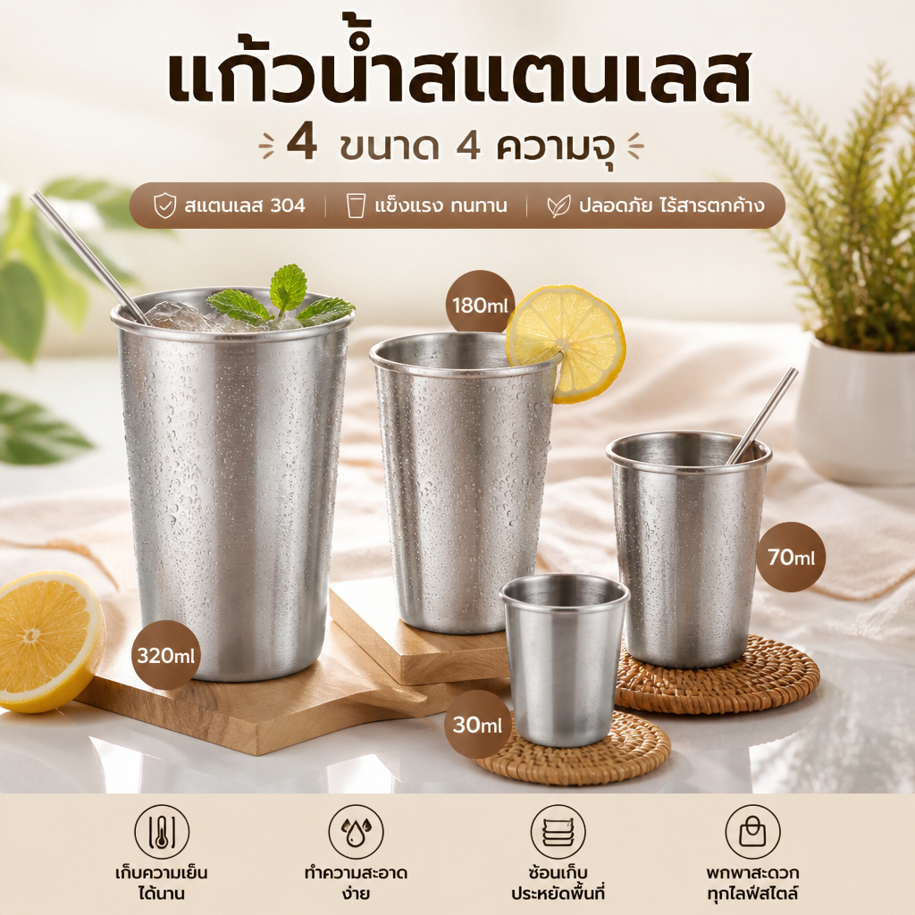 แก้วเครื่องดื่มเย็นสแตนเลส ใช้ในร้านอาหาร ทนทานไม่แตก ถ้วยกาแฟ แก้วเบียร์ 30/70/180/320ML