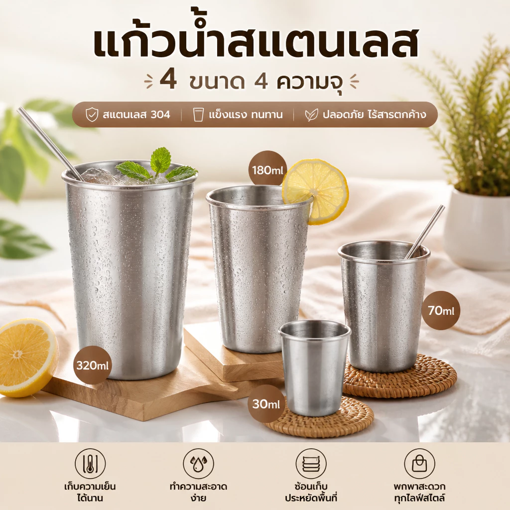แก้วเครื่องดื่มเย็นสแตนเลส ใช้ในร้านอาหาร ทนทานไม่แตก ถ้วยกาแฟ แก้วเบียร์ 30/70/180/320ML