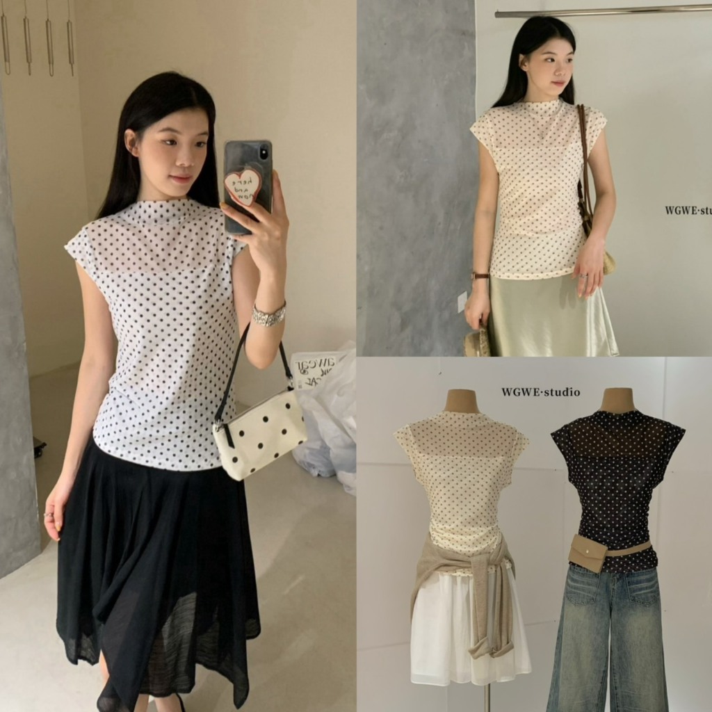 เสื้อไหล่ล้ำ ลาย polka dot - 10362 TAG WG.WE 🇰🇷