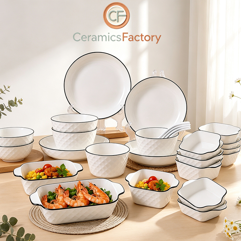 CeramicsFactory2026 จาน ชาม เซรามิกลายเพชร ผิวสัมผัสนูนสวย มินิมอลมาก ราคาถูก คุณภาพดีเยี่ยม