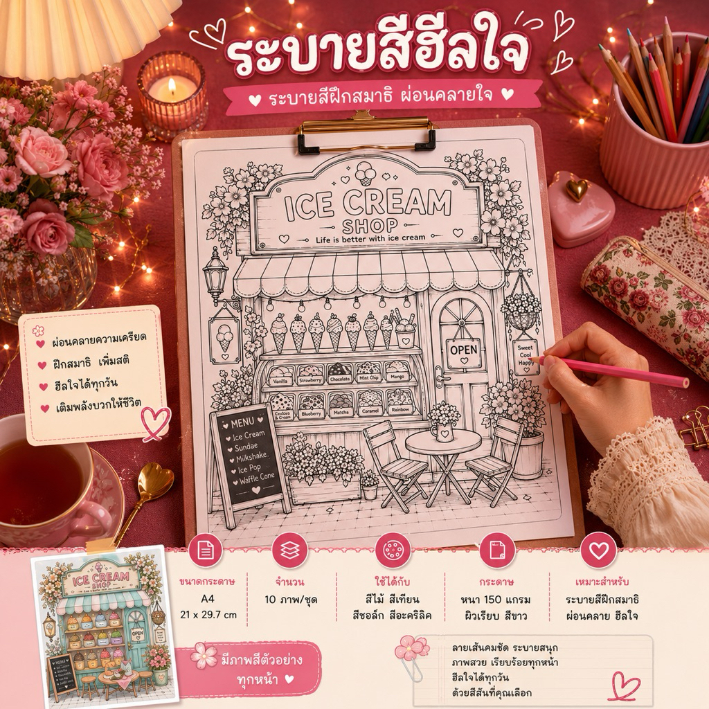 ชุดภาพระบายสี Food Shop v2 | A4 | 10 ภาพ | ระบายสีฮีลใจ