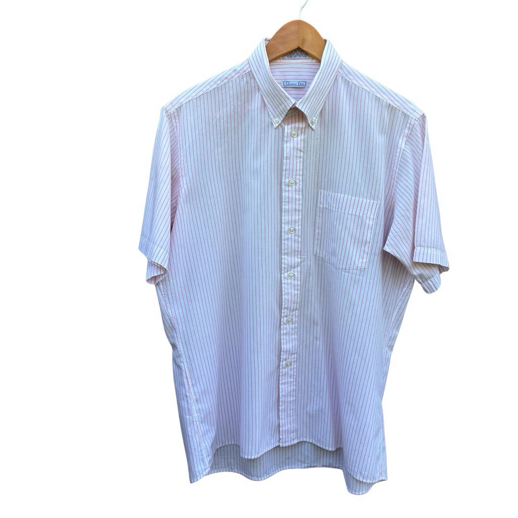 เสื้อเชิ้ตวินเทจ Christian Dior Chemises Pink Striped Short Sleeve Button Down Shirt