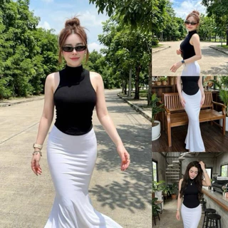 COZE-450-เซ็ต2ชิ้นคอเต่าแขนกุดเสื้อตัวยาวเว้าเอว+กระโปรงทรงยาวหางปลา