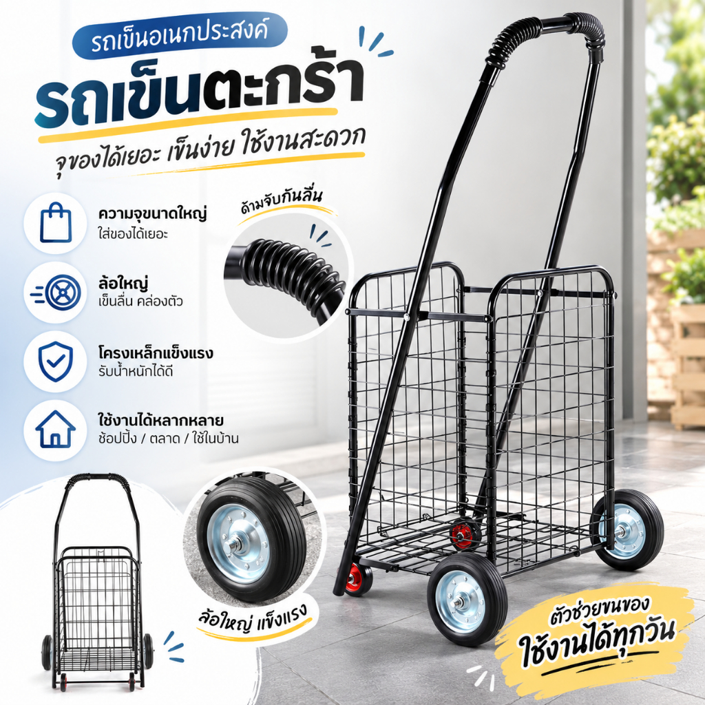 รถเข็นพับได้สำหรับซื้อของ รถเข็นตลาด ตะกร้าเหล็ก แข็งแรง ประหยัดแรง