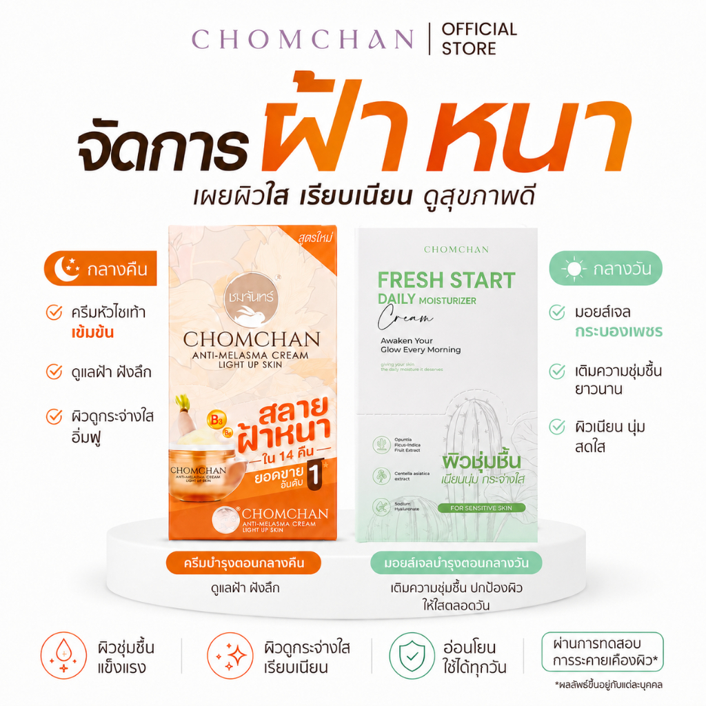 CHOMCHAN Set DAY & NIGHT เหมาะสำหรับผู้ที่มีปัญหา ฝ้า ผิว ขาดน้ำ ครีมหัวไชเท้า1กล่อง(6ซอง)+ครีมกระบองเพชร1กล่อง(6ซอง)