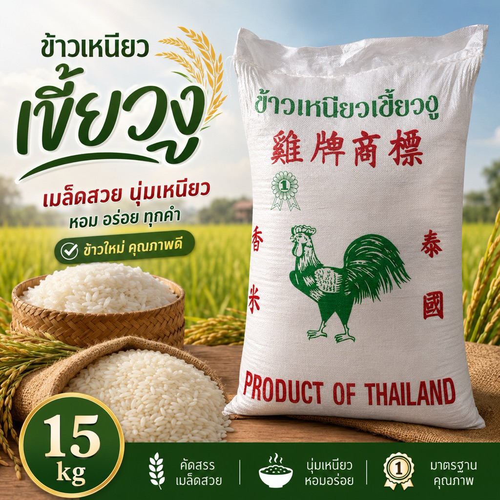 ข้าวเหนียวเขี้ยวงูใหม่(ไก่เขียว)(ขนาด15kg )จำนวน1ถุง  📌 หอมนุ่ม 📌