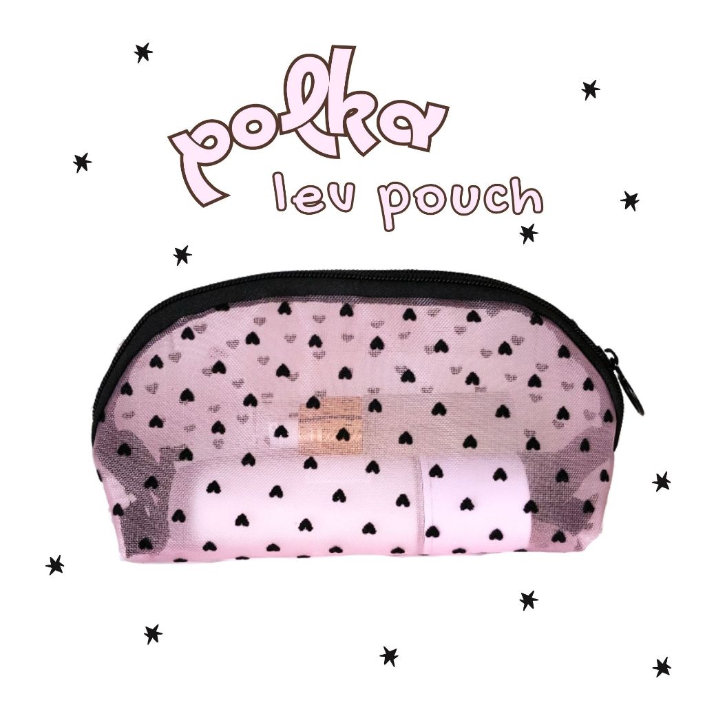 earika.earrings - polka lev pouch กระเป๋าลายจุดหัวใจ สีชมพูดำ ใส่เครื่องสำอางค์ กระเป๋าใส่ของ ผ้าตาข่าย