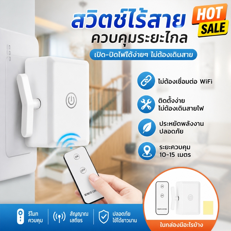 ปุ่มสวิตช์ไฟอัจฉริยะแบบไร้สาย ติดตั้งง่ายด้วยกาวติดในตัว ไม่ต้องเจาะผนังเลย ทำหน้าที่เปิดปิดอุปกรณ์ไฟฟ้า ควบคุมการทำงานจ