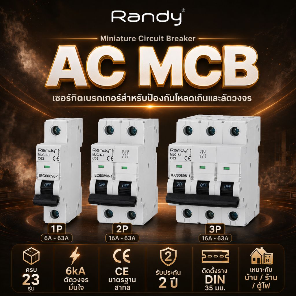 RANDY AC MCB เบรกเกอร์ไฟฟ้า เบรกเกอร์ลูกย่อย 1P 2P 3P 6A-63A 6kA งานช่าง งานโครงการ รับประกัน2ปี