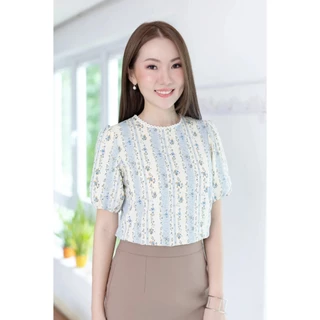 Narinari : MT7750 Lace Trim Floral Print Blouse