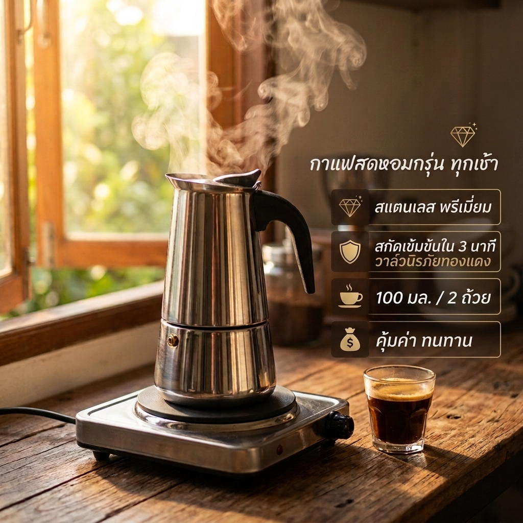 กาต้มกาแฟ Moka Pot สแตนเลส 100ml (2 Cup) หม้อต้มกาแฟสดสไตล์อิตาลี สกัดเข้มข้น มีวาล์วนิรภัย สำหรับเตาแก๊ส เตาไฟฟ้า