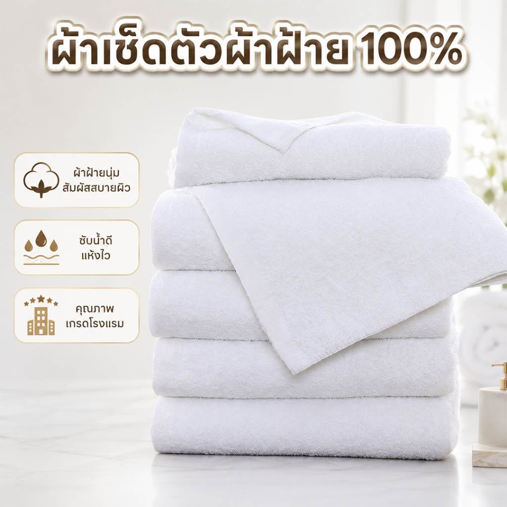 ผ้าเช็ดตัวผ้าฝ้าย 100% สีขาว เนื้อนุ่ม ซับน้ำดี แห้งไว เกรดโรงแรม ใช้ได้ทั้งบ้านและโรงแรม ขนาดใหญ่