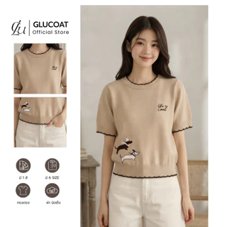 Glucoat | [A919] เสื้อนิตติ้งไหมพรม แต่งขอบหยัก ปักลายน้องหมา