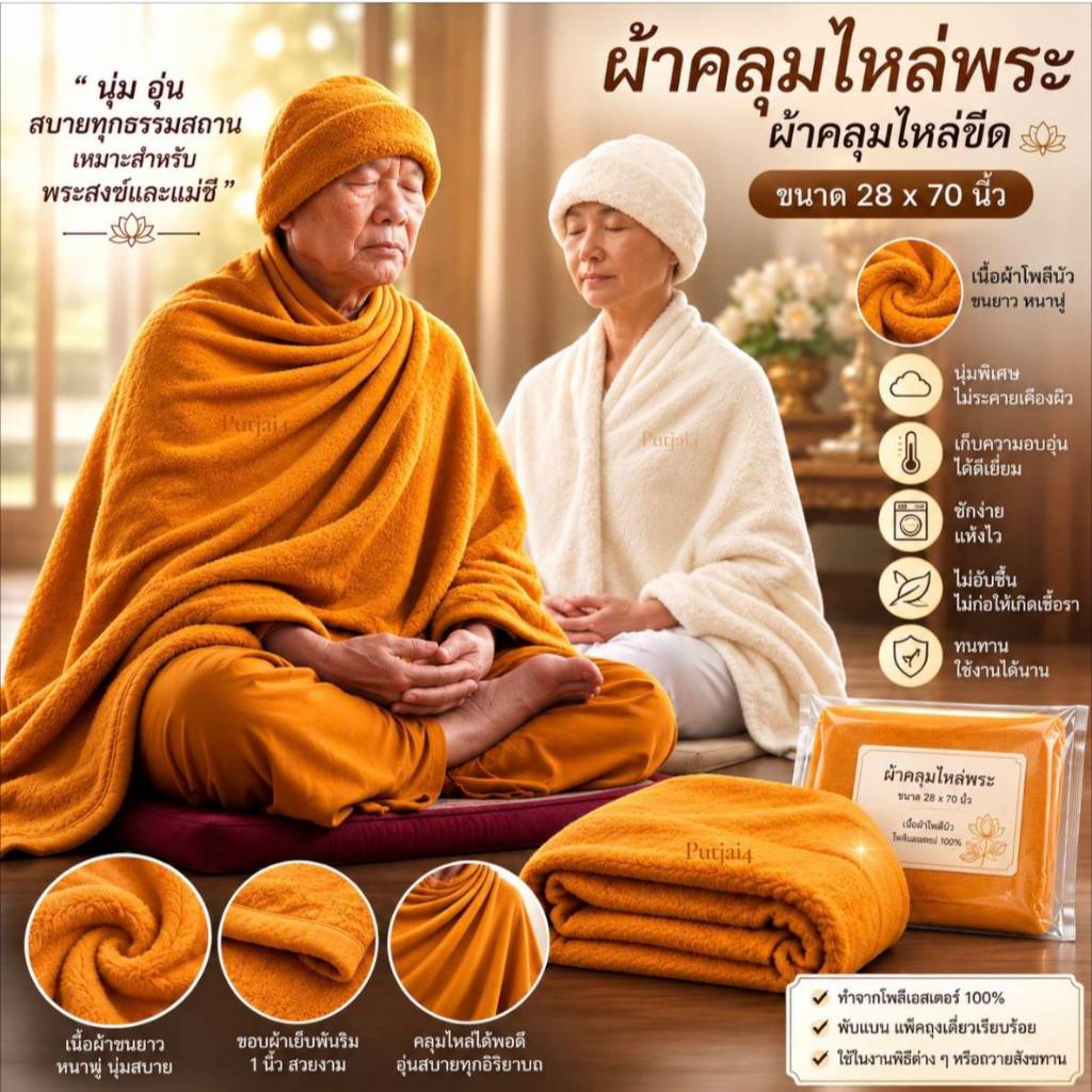 ชุดหมวก ผ้าคลุมไหล่พระ ผ้าคลุมไหล่ชี ผ้าดีผ้าโพลีบัวเซเบิลสีพระราช นุ่มๆ หนาๆ ให้ความอบอุ่นดีมาก