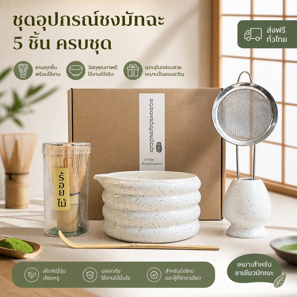 ชุดทำมัทฉะ 5ชิ้น chawan matcha ถ้วยเซรามิก ตะกร้อมัทฉะไม้ไผ่ ตะแกรงสแตนเลส