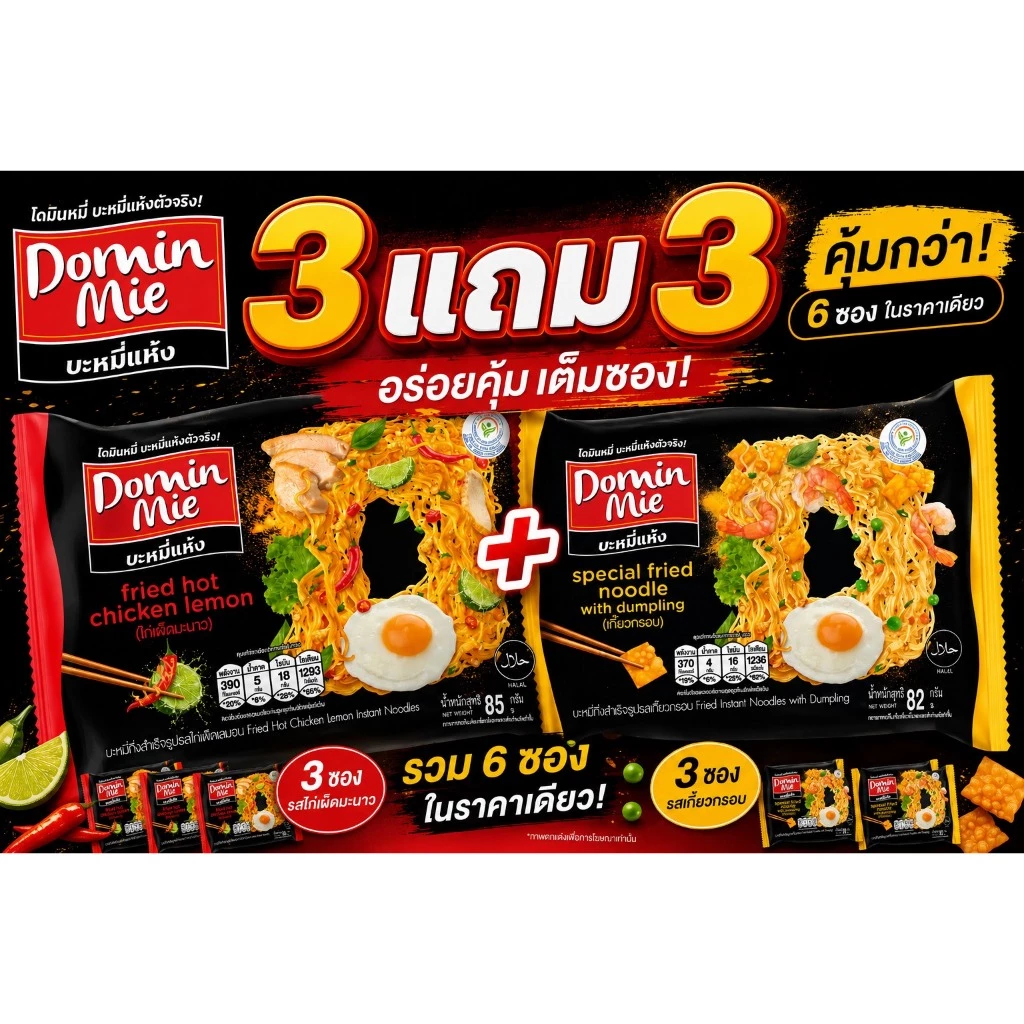 โดมินหมี่ รสไก่เผ็ดมะนาว × รสเกี๊ยวกรอบ จัดคู่สุดคุ้ม 3 แถม 3!